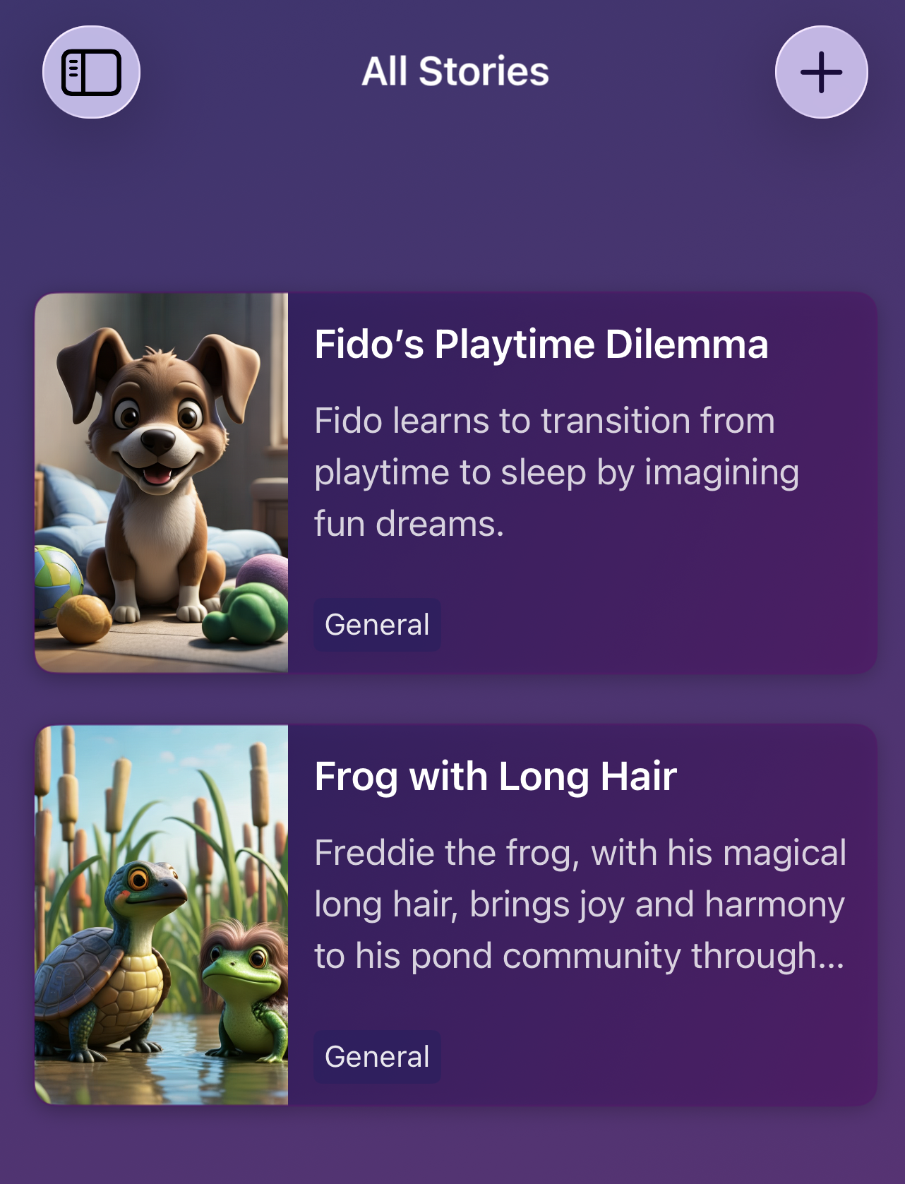 Bedtime Snuggles iOS app interface showing AI-powered story creation